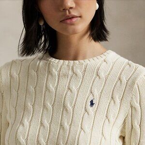 Polo Ralph Lauren Cable-Knit Sweater Ivory Cream Blue Pony 100% Cotton Sz Large